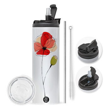 Red poppy flowers papaver, Travel Tumbler θερμό με διπλό καπάκι, μεταλλικό καλαμάκι και βούρτσα καθαρισμού (Ανωξείδωτο 304 Food grade, BPA free, 600ml)