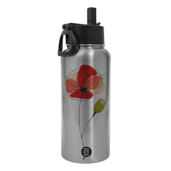 Red poppy flowers papaver, Metal mug thermo Silver with Straw and Spout Lid (Stainless steel), double wall, 950ml