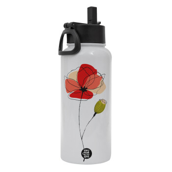 Red poppy flowers papaver, Metal mug thermo White with Straw and Spout Lid (Stainless steel), double wall, 950ml