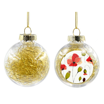 Red poppy flowers papaver, Transparent Christmas tree ball ornament with gold filling 8cm