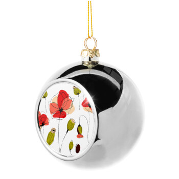 Red poppy flowers papaver, Silver 8cm Christmas tree ball ornament