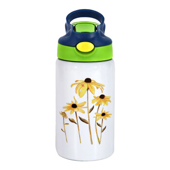 Daisies flower, Children's hot water bottle, stainless steel, with safety straw, green, blue (350ml)