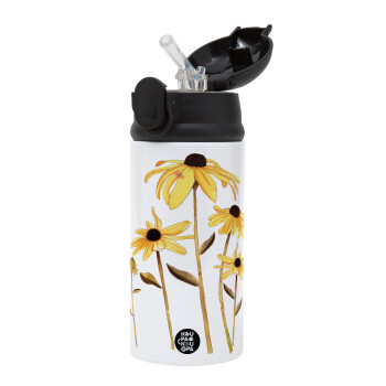 Daisies flower, Children's hot water bottle, stainless steel, with safety straw, Black (360ml) BPA-FREE