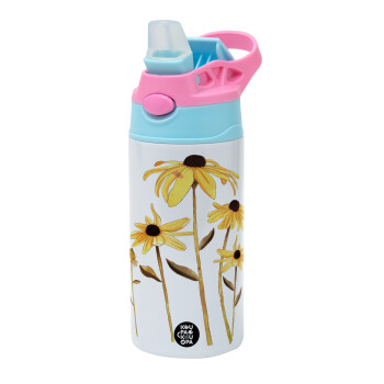 Daisies flower, Children's hot water bottle, stainless steel, with safety straw, Pink/BlueCiel (360ml) BPA FREE