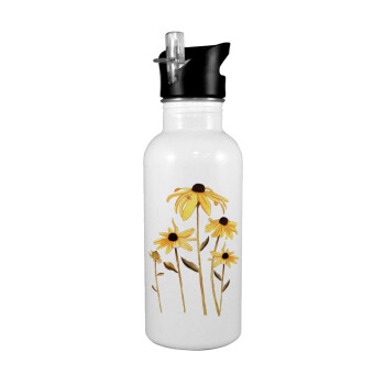 Daisies flower, White water bottle with straw, stainless steel 600ml