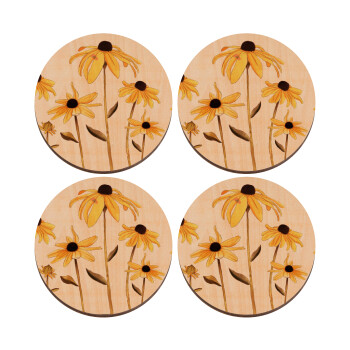 Daisies flower, ΣΕΤ x4 Σουβέρ ξύλινα στρογγυλά plywood (9cm)