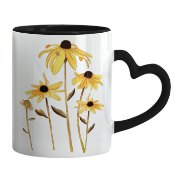 Daisies flower, Mug heart black handle, ceramic, 330ml