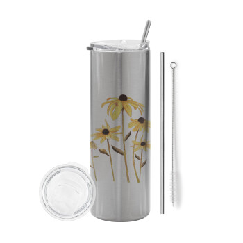 Daisies flower, Eco friendly ποτήρι θερμό Ασημένιο (tumbler) από ανοξείδωτο ατσάλι 600ml, με μεταλλικό καλαμάκι & βούρτσα καθαρισμού