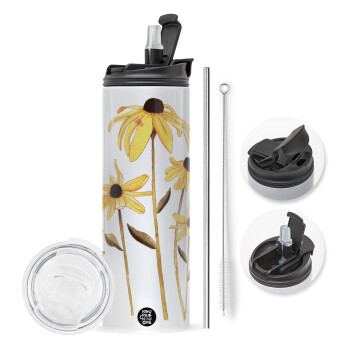 Daisies flower, Travel Tumbler θερμό με διπλό καπάκι, μεταλλικό καλαμάκι και βούρτσα καθαρισμού (Ανωξείδωτο 304 Food grade, BPA free, 600ml)