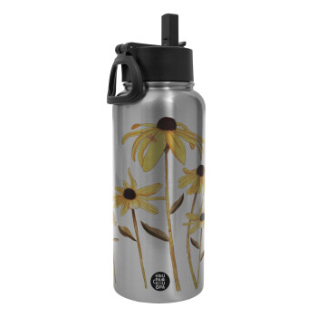 Daisies flower, Metal mug thermo Silver with Straw and Spout Lid (Stainless steel), double wall, 950ml