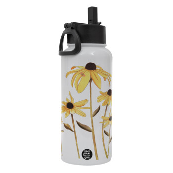 Daisies flower, Metal mug thermo White with Straw and Spout Lid (Stainless steel), double wall, 950ml