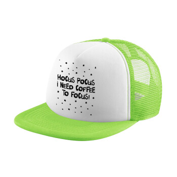 Hocus pocus i need coffee to focus - halloween, Child's Soft Trucker Hat with Green/White Mesh (POLYESTER, CHILDREN'S, ONE SIZE)