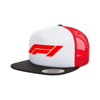 Formula 1, Adult Foam Flat Snapback with Mesh Black-White-Red (POLYESTER, ADULT, UNISEX, ONE SIZE)