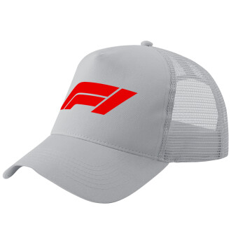 Formula 1, Adult Structured Trucker Hat, with Mesh, GRAY (100% COTTON, ADULT, UNISEX, ONE SIZE)