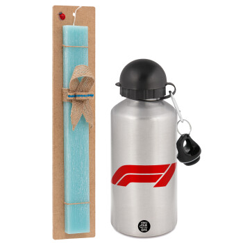 Formula 1, Easter Set, metallic silver aluminum water bottle (500ml) & scented flat Easter candle (30cm) (TURQUOISE)