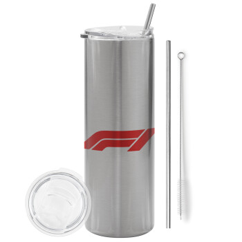 Formula 1, Eco friendly stainless steel Silver tumbler 600ml, with metal straw & cleaning brush