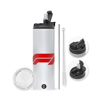 Formula 1, Travel Tumbler θερμό με διπλό καπάκι, μεταλλικό καλαμάκι και βούρτσα καθαρισμού (Ανωξείδωτο 304 Food grade, BPA free, 600ml)