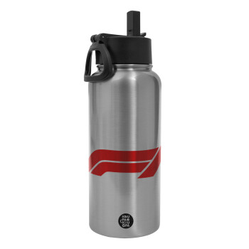 Formula 1, Metal mug thermo Silver with Straw and Spout Lid (Stainless steel), double wall, 950ml