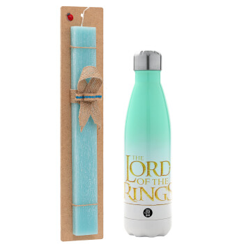 The Lord of the Rings, Easter Set, Metallic green/white thermos (Stainless steel), double-walled, 500ml & scented flat Easter candle (30cm) (TURQUOISE)