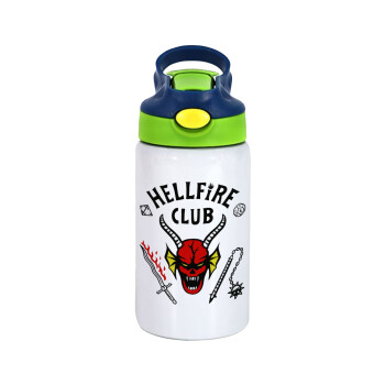 Hellfire CLub, Stranger Things, Children's hot water bottle, stainless steel, with safety straw, green, blue (350ml)