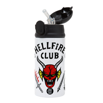 Hellfire CLub, Stranger Things, Children's hot water bottle, stainless steel, with safety straw, Black (360ml) BPA-FREE