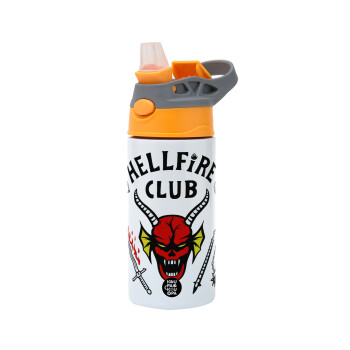 Hellfire CLub, Stranger Things, Children's hot water bottle, stainless steel, with safety straw, Orange/Grey (360ml) BPA-FREE