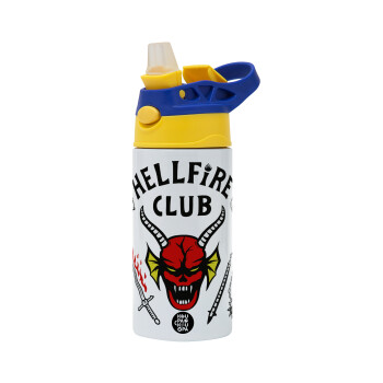 Hellfire CLub, Stranger Things, Children's hot water bottle, stainless steel, with safety straw, green, blue (360ml) BPA FREE