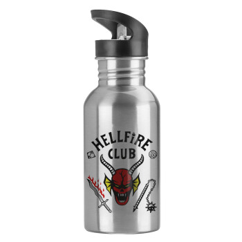 Hellfire CLub, Stranger Things, Water bottle Silver with straw, stainless steel 600ml