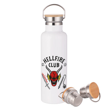 Hellfire CLub, Stranger Things, Stainless steel White with wooden lid (bamboo), double wall, 750ml