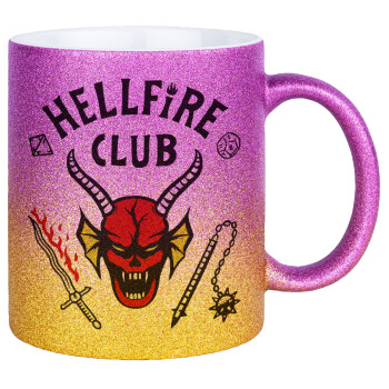 Hellfire CLub, Stranger Things, Κούπα Χρυσή/Ροζ Glitter, κεραμική, 330ml