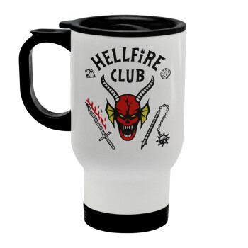 Hellfire CLub, Stranger Things, Stainless steel travel mug with lid, double wall white 450ml