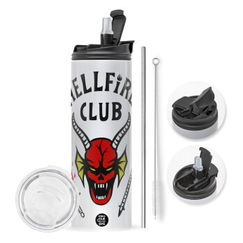 Hellfire CLub, Stranger Things, Travel Tumbler 2 Lids, with metal straw & cleaning brush (Stainless steel 304 Food grade, BPA free, 600ml)