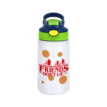Friends Don't Lie, Stranger Things, Children's hot water bottle, stainless steel, with safety straw, green, blue (350ml)