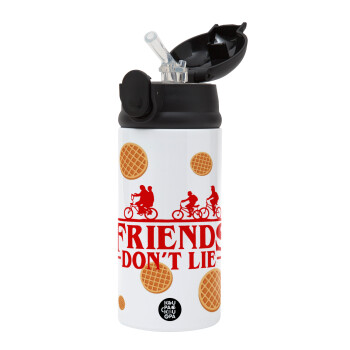 Friends Don't Lie, Stranger Things, Children's hot water bottle, stainless steel, with safety straw, Black (360ml) BPA-FREE