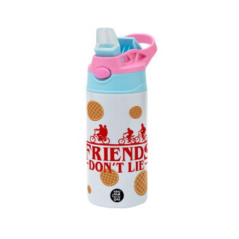 Friends Don't Lie, Stranger Things, Children's hot water bottle, stainless steel, with safety straw, Pink/BlueCiel (360ml) BPA FREE