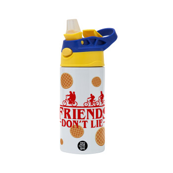 Friends Don't Lie, Stranger Things, Children's hot water bottle, stainless steel, with safety straw, green, blue (360ml) BPA FREE