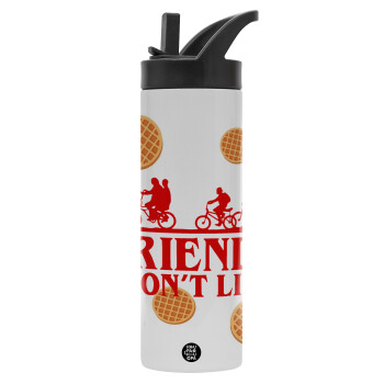 Friends Don't Lie, Stranger Things, Metallic thermos bottle with straw & handle, stainless steel (Stainless steel 304), double-walled, 600ml.