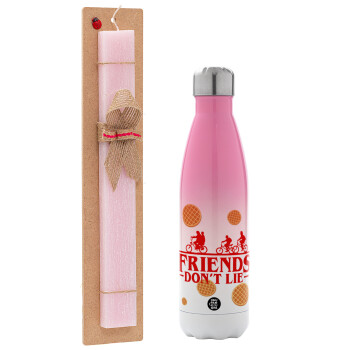 Friends Don't Lie, Stranger Things, Easter Set, Metallic pink/white (Stainless steel) thermos, double-walled, 500ml & aromatic flat Easter candle (30cm) (PINK)