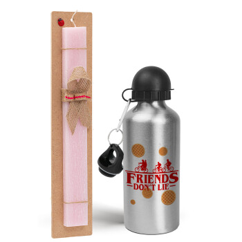 Friends Don't Lie, Stranger Things, Easter Set, metallic Silver aluminum water bottle (500ml) & scented flat Easter candle (30cm) (PINK)