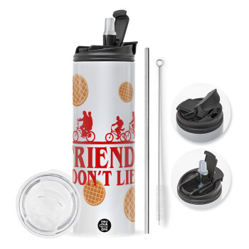 Friends Don't Lie, Stranger Things, Travel Tumbler 2 Lids, with metal straw & cleaning brush (Stainless steel 304 Food grade, BPA free, 600ml)