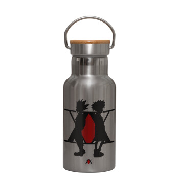 hunter x hunter, Stainless steel metallic thermos flask, silver with a bamboo lid, double-walled, 350ml.