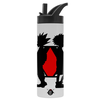 hunter x hunter, Metallic thermos bottle with straw & handle, stainless steel (Stainless steel 304), double-walled, 600ml.