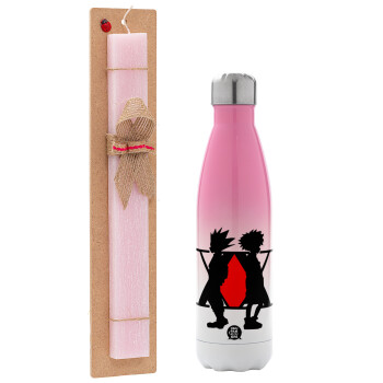 hunter x hunter, Easter Set, Metallic pink/white (Stainless steel) thermos, double-walled, 500ml & aromatic flat Easter candle (30cm) (PINK)