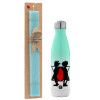 Easter Set, Metallic green/white thermos (Stainless steel), double-walled, 500ml & scented flat Easter candle (30cm) (TURQUOISE)