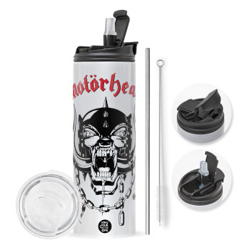 motorhead, Travel Tumbler θερμό με διπλό καπάκι, μεταλλικό καλαμάκι και βούρτσα καθαρισμού (Ανωξείδωτο 304 Food grade, BPA free, 600ml)