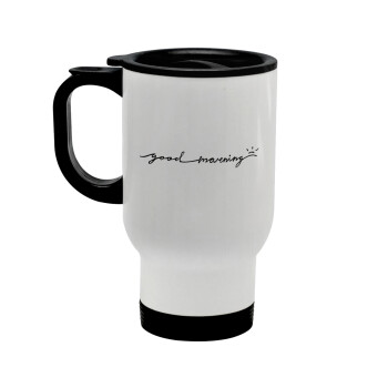 Good morning, Stainless steel travel mug with lid, double wall white 450ml
