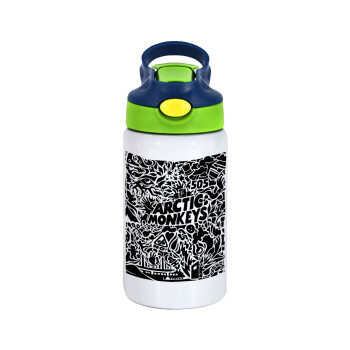 Arctic Monkeys, Children's hot water bottle, stainless steel, with safety straw, green, blue (350ml)