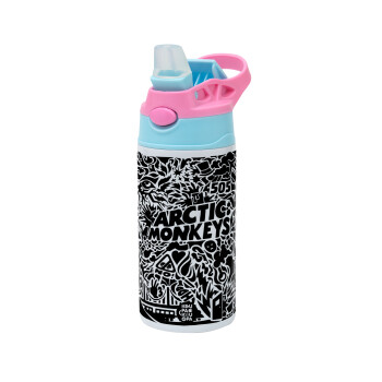 Arctic Monkeys, Children's hot water bottle, stainless steel, with safety straw, Pink/BlueCiel (360ml) BPA FREE