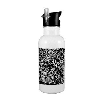 Arctic Monkeys, White water bottle with straw, stainless steel 600ml