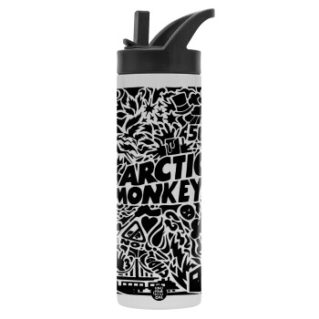 Arctic Monkeys, Μεταλλικό παγούρι θερμός με καλαμάκι & χειρολαβή, ανοξείδωτο ατσάλι (Stainless steel 304), διπλού τοιχώματος, 600ml